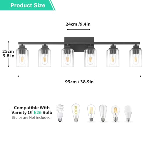 Matte Black Bathroom Vanity Light, 6-Light Modern Vanity Lighting Fixtures Over Mirror with Clear Glass Shade,Square Design,Wall Sconces for Living Room Cabinet Bedroom,E26 Socket - size: 6-Light