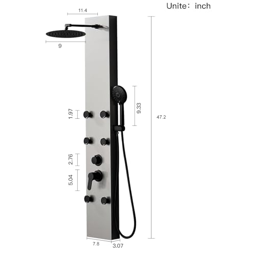 Rainfall Shower Head Shower Tower System Adjustable Head 9 Inch Round,Stainless Steel with 6 Body Jets Massage, 3 IN 1 Bathroom Shower Wall Mount, Brushed Nickel and Black - color: Brushed Nickel with Black