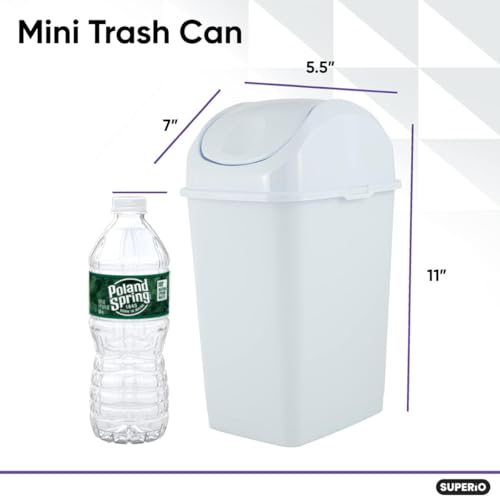 Superio Mini Desktop Trash Can with Swing Top Lid Portable Plastic Garbage Can for Countertop, Desktop, Make up Vanity, Bathroom, Car, Under Sink, Dorm, Compact Waste Bin 5 L, 1.25 Gal. (White) - size: 1.25 Gallon, style: 1 Pack