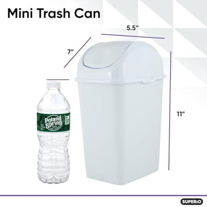 Superio Mini Desktop Trash Can with Swing Top Lid Portable Plastic Garbage Can for Countertop, Desktop, Make up Vanity, Bathroom, Car, Under Sink, Dorm, Compact Waste Bin 5 L, 1.25 Gal. (White) - size: 1.25 Gallon, style: 1 Pack