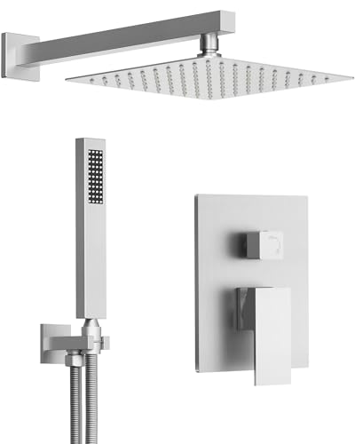 10" Shower System, Wall Mount Shower Faucet Set, Brushed Nickel | Pressure-Balance Rough-In Valve Included, High Flow Square Rainhead, Stainless Steel Fixture for Bath Remodels - color: Brushed Nickel