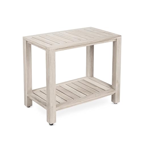 Gray Teak Shower Bench with Shelf 21 Inch for Bathroom, Spa - Fully Assembled, Shower Stool, Rustic Gray Finish, The Elisa