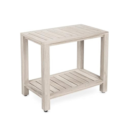 Gray Teak Shower Bench with Shelf 21 Inch for Bathroom, Spa - Fully Assembled, Shower Stool, Rustic Gray Finish, The Elisa