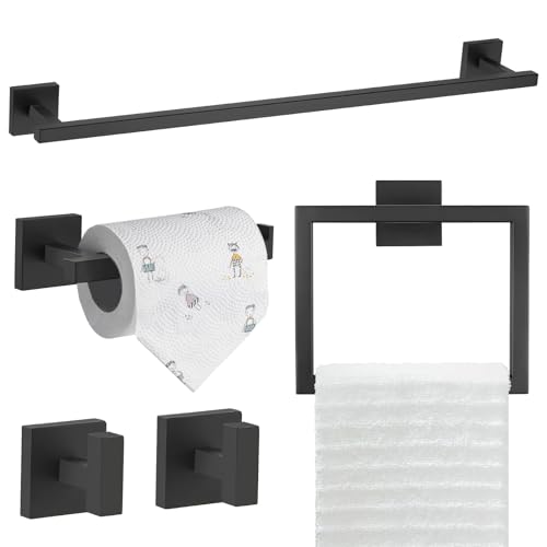 TQKAG 5-Piece Towel Bar Set, 23.6 Inch Bathroom Hardware Set, Matte Black | SUS304 Stainless Steel, Towel Rack for Bathroom, Classic Toilet Paper Holder Wall Mount, Matte Black Bathroom Accessories - color: Matte Black, size: 5-Pieces Set