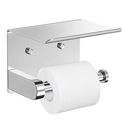 VAEHOLD Self Adhesive Toilet Paper Holder with Phone Shelf Stainless Steel Wall Mounted Toilet Paper Roll Holder - Bathroom Washroom Tissue Roll Holder with Storage Shelf - Bright Surface - color: Bright Surface