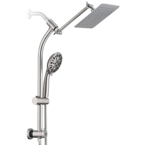 Rainfall 8 Inch Shower Head with High Pressure Handheld Spray Combo, Drill-Free Slide Bar with Adjustable Shower Extension Arm, 3-Way Low Diverter for Easy Reach, 5Ft Hose- Brushed Nickel - color: Brushed Nickel