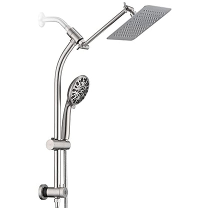 Rainfall 8 Inch Shower Head with High Pressure Handheld Spray Combo, Drill-Free Slide Bar with Adjustable Shower Extension Arm, 3-Way Low Diverter for Easy Reach, 5Ft Hose- Brushed Nickel - color: Brushed Nickel