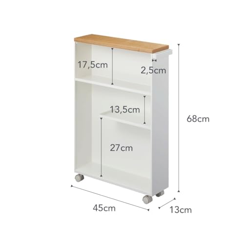 Yamazaki Home Slim Rolling Storage Cart – Narrow Bathroom Storage Cabinet With Handle, Slim Bathroom Storage Cart With Wheels, Easy Assembly, Steel + Wood, White, 27" - Steel - - color: White