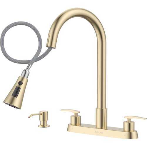 DAYONE 2 Handle Kitchen Faucet with Pull Down Sprayer Brushed Gold, 4 Holes Sink Faucets for Kitchen/RV with Soap Dispenser Stainless Steel - color: Brushed Gold, style: 4 Holes Pull Down