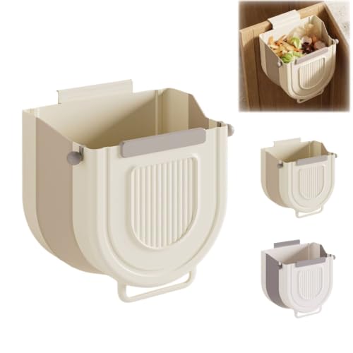Kitchen Hanging Trash Can, Collapsible Hanging Trash Can for Kitchen Cabinet Door, Plastic Foldable Waste Bin, Wall Mounted Garbage Bin for Kitchen, Bathroom, Bedroom Countertop Car ，Beige：22cm - color: Beige, size: 22cm
