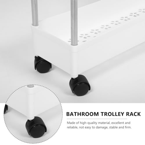 Slim Rolling Storage Cart, 2-Tier Mobile Shelving Unit, White Plastic and Iron Trolley Rack for Kitchen, Bathroom, Office, Laundry Room, 15.74 X 15.74 X 5.11 Inches