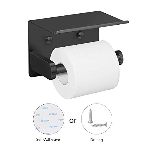 VAEHOLD Self Adhesive Toilet Paper Holder with Phone Shelf Stainless Steel Wall Mounted Toilet Paper Roll Holder - Rustproof and Bathroom Washroom Tissue Roll Holder with Shelf - Black - color: Black