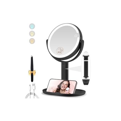 MOMOKUBA Makeup Mirror with Lights, 30X Magnifying Mirrors, Height Adjustable, Vanity Mirror with Lights Rechargeable 3 Color Modes, Double-Sided Detachable Travel Mirrors, Gift for Women (Black) - color: Black30x