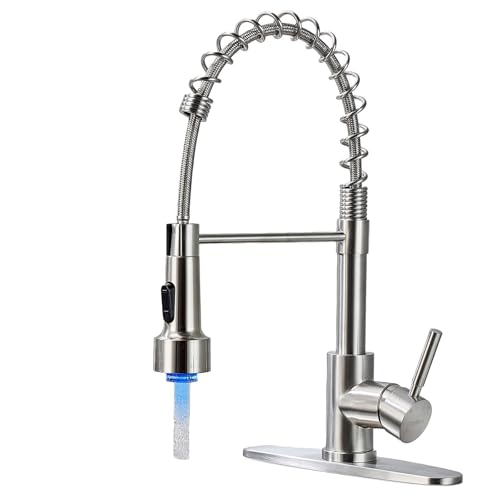 LED Kitchen Faucets with Pull Down Sprayer, Brushed Nickel Modern Single Handle Stainless Steel Pull Out Spring Sink Faucet with LED Light for RV Bar Farmhous Laundry Outdoor - color: Brushed Nickel, style: Classic-LED