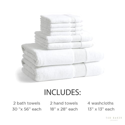 Ted Baker 8-Pc Towel Set, 2 Bath 2 Hand 4 Washcloths 100% Cotton White - color: White, size: 8 pc Towel Set - 2 Bath, 2 Hand, 4 Washcloths