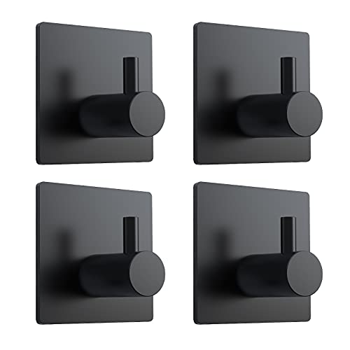 VIS'V Adhesive Towel Hooks, Shower Wall Stick on Hooks, Black, 4 Pcs | Metal Material, Compact Design, Peel and Stick, 2 Extra Adhesive Strips, for Bathroom Kitchen Livingroom Office RV - color: Black