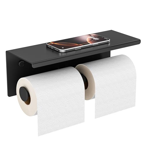 FORIOUS Toilet Paper Holder with Shelf, Commercial Toilet Paper Dispensers | Matte Black | Wall Mount Bathroom Tissue Holder | SUS304 Stainless Steel Rustproof | Double Tissue Roll Holder - color: Matte Black