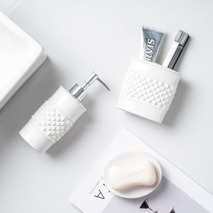 3-Piece White Ceramic Bathroom Accessories Set - Luxurious Soap Dispenser, Toothbrush Holder & Soap Dish with Modern Geo Embossed Design for Bathroom Accessory Set - color: White 024