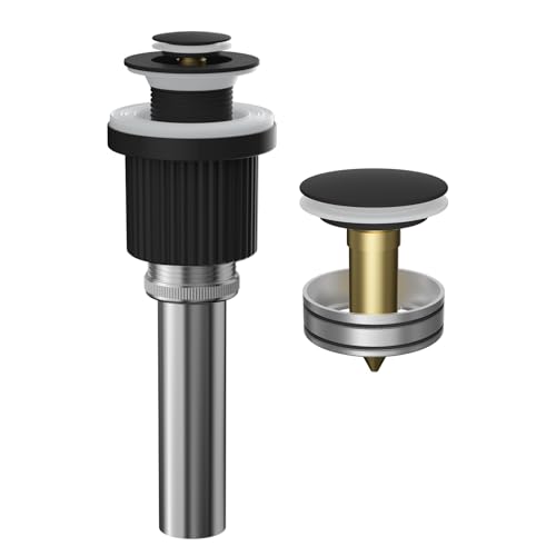 Hibbent Metal Bathroom Sink Drain & Stopper Fit with or Without Overflow | Universal Drain Stopper with Detachable Stainless Steel & Brass Strainer Basket for Lavatory Vanity Vessel Sink, Matte Black - color: Matte Black
