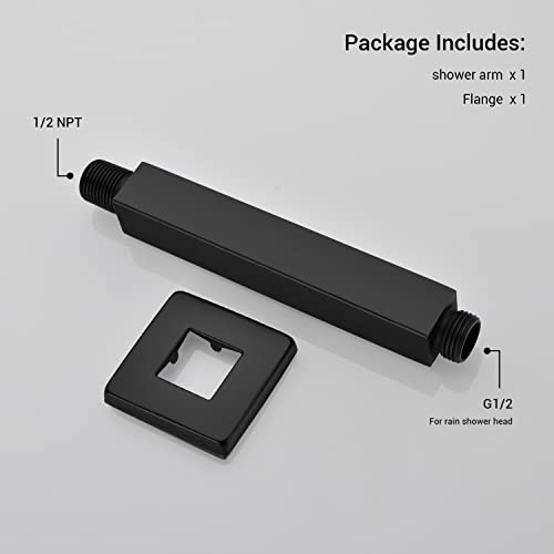 6 Inch Square Matte Black Ceiling Mount Shower Arm and Flange | Stainless Steel, 1/2-Inch NPT, Rain Straight Shower Head Extension Pipe