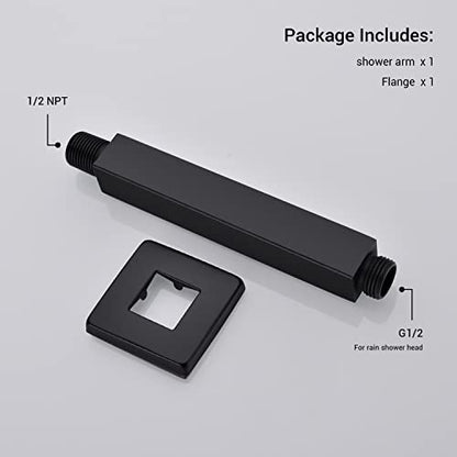 6 Inch Square Matte Black Ceiling Mount Shower Arm and Flange | Stainless Steel, 1/2-Inch NPT, Rain Straight Shower Head Extension Pipe