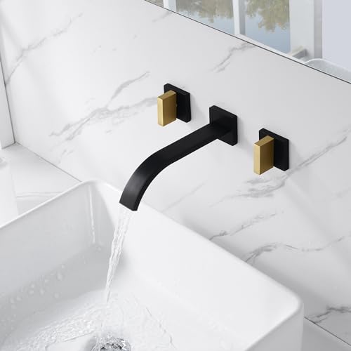 SUMERAIN Wall Mounted Faucet for Bathroom Sink Black and Gold Finish, Lavatory Basin Faucet with Two Handles and Rough in Valve - color: Black and Gold