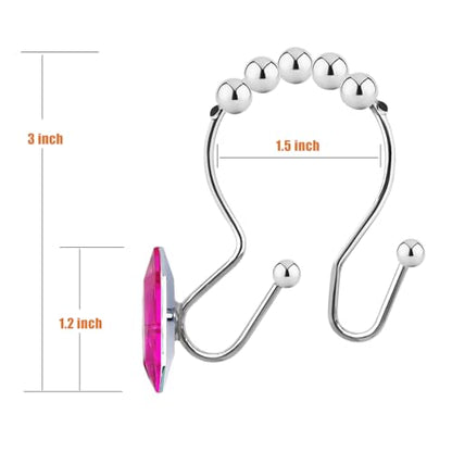 Shower Curtain Hooks Rings for Bathroom, 12PCS Double Hooks Glide Anti Rust Crystal Rhinestones Shower Curtain Rings Hangers for Shower Curtains, Clothing, Towels, etc. (Hot Pink) - color: Hot Pink
