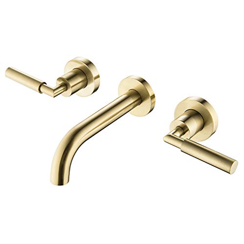 RBROHANT Brushed Gold Wall Mount Bathroom Faucet, Wall Mounted Sink Faucet, Dual Handle, Solid Brass, Rough-in Valve Included - color: Brushed Gold, style: Lever Handle