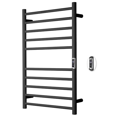 Heated Towel Racks for Bathroom, Wall Mounted Electric Towel Warmer Racks with Timer & Temperature Control, 10 Bar Stainless Steel Towel Heater for Bathroom, Black, Plug-in - color: Round-matte Black, size: 10 Bars