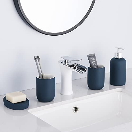 Bathroom Accessories Set, Blue, 4 Pieces | Vanity Countertop Ceramic, Lotion Dispenser Soap Pump, 2 Tumbler, Soap Dish