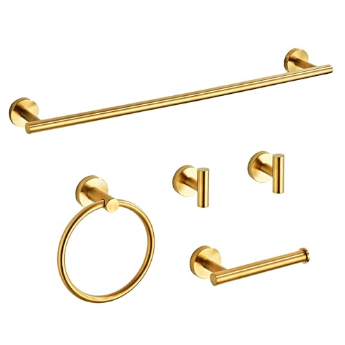 Brushed Gold Bathroom Hardware Set 5 Piece with Towel Racks for Bathroom, SUS304 Stainless Steel Bath Towel Bar Set, 24 Inch Wall Mounted Accessories Kit… - color: Brushed Gold