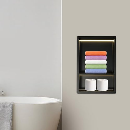 2-tier Stainless Steel Shower Niche with LED Light,12*18in Matte Black No Tile Needed Wall Vertical Niche,Embedded Wall Mount Shower Shelf for Bathroom Storage Over Mount Installation (12x18in LED) - size: 12x18in LED