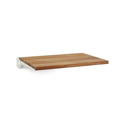 Seachrome 18 inch Silhouette Slimline Folding Wall Mount Shower Bench Seat, Natural Teak Wood with White Frame - color: Teak Wood With White Frame