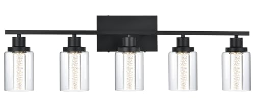 MELUCEE LED Bathroom Vanity Light 5-Light Dimmable Bathroom Light Bar | 5CCT 3000K-6000K Modern Black Vanity Lighting Fixtures with Crystal Bubble Clear Glass Shade, Built-In LED Chips - color: Black, size: LED-5 Lights