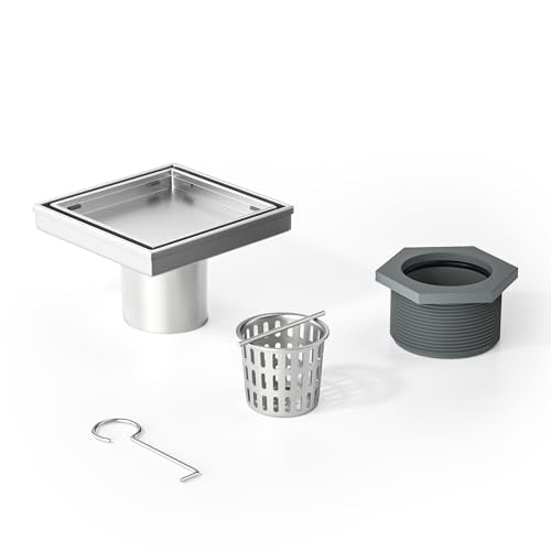 Square Shower Drain, 304 Stainless Steel Floor Drain 4" | with Tiled Insert Grate & Hair Strainer, Bathroom 2-in-1 Tiled in Drain, CUPC Certified - color: Brushed, size: 4''