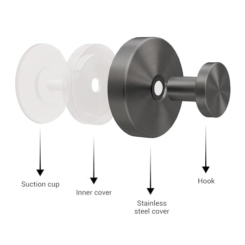 Suction Cup Hooks for Shower - 4 Pack, Gray - Stainless Steel, Strong Suction, No Drill, Removable Hanger, Tile Bathroom Kitchen Wall, Glass Door, Mirror Hook Hanging Robe, Towel Holder - color: Gray