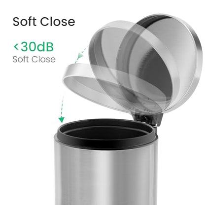 Cesun Small Round Bathroom Trash Can with Lid Soft Close, 1.2 Gal, Silver | Removable Inner Bucket, Stainless Steel Garbage Can for Bedroom/Office, Hands-Free Step Pedal, Fingerprint-Resistant - color: Silver