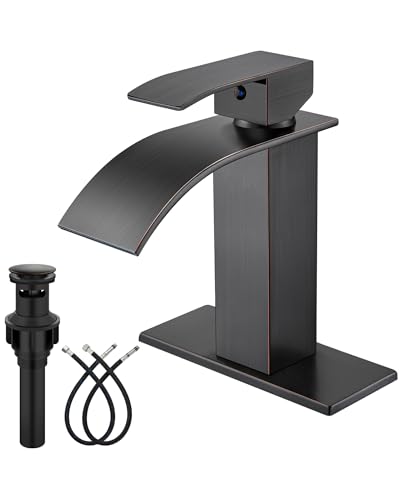 Midanya Waterfall Bathroom Faucet 1 Hole,Oil Rubbed Bronze | with 24” Hoses,Pop Up Drain,6” Deck Plate,for 1 or 3 Hole Vanity,Lavatory,RV,Single Handle Bathroom Sink Faucet,NSF Certified - color: Bronze