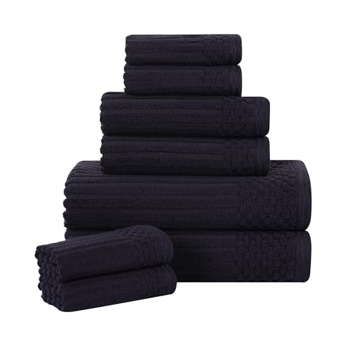 Superior Cotton 8-Piece Solid and Ribbed Towel Set, Face Towels 13” x 13”, Hand Towels 16” x 28”, Bath Towels 27” x 54”, Black - color: Black, size: 8 Piece Towel Set
