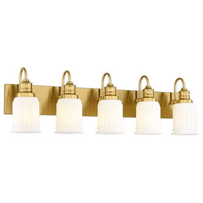HWH INVESTMENT 5-Light Bathroom Vanity Light, Brushed Gold, 5HZG106B-5W BG | 33-Inch Hardwired Wall Light with Frosted Bell-Shaped Glass; 5 E26 Bulbs, Max 60W Each; Reversible Up or Down Mount - color: Brushed Gold, size: 5-Light