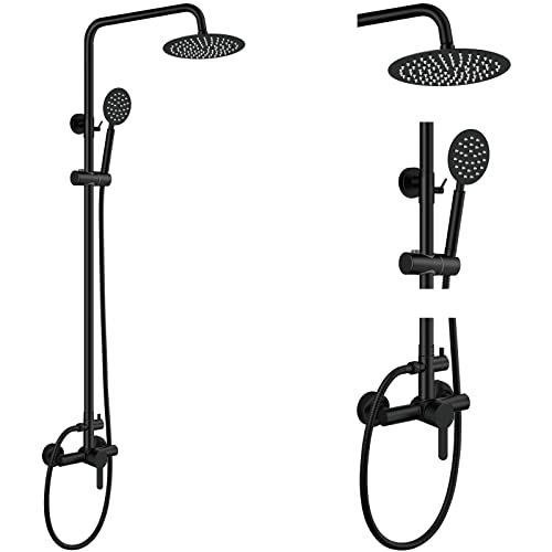 Aolemi Outdoor Shower Kit SUS304 with Round Handheld Matte Black | 2 Function,8 Inch Head,Round Handheld Spray,Adjustable Height,Outside Exposed Shower Fixture,Single Handle,Wall Mount - color: Black