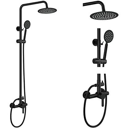 Aolemi Outdoor Shower Kit SUS304 with Round Handheld Matte Black | 2 Function,8 Inch Head,Round Handheld Spray,Adjustable Height,Outside Exposed Shower Fixture,Single Handle,Wall Mount - color: Black
