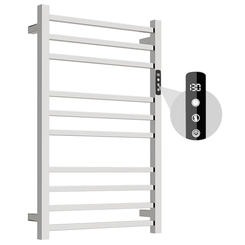 Towel Warmer,304 Stainless Steel Compact Towel Warmer Rack for Bathroom -10 Bars Wall Mounted Towel Heater with Intelligent Touch Screen Timer, Hard Wired/Plug-in, (Compact Design)