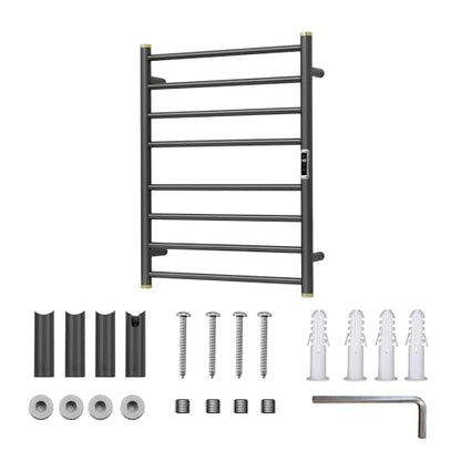 Electric Towel Warmer Rack,Heating Towel Warmer,Timer & Temperature Control,Wall-Mounted Plug-in for Bathroom,Gunmetal Grey,Stainless Steel,8-Bar(27.56x20.87x4.41in) - color: Round-matte Gungrey With Gold Top, size: 8 Bars