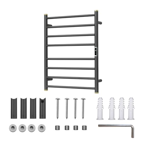 Electric Towel Warmer Rack,Heating Towel Warmer,Timer & Temperature Control,Wall-Mounted Plug-in for Bathroom,Gunmetal Grey,Stainless Steel,8-Bar(27.56x20.87x4.41in) - color: Round-matte Gungrey With Gold Top, size: 8 Bars