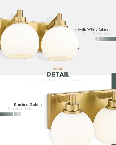 Bathroom Light Fixtures, 3-Light Brushed Gold Vanity Light, Modern Wall Sconces with Milk White Globe Glass Shade, Vanity Lighting Fixtures Over Mirror, VL195-BG-ML-3 | 18" modern bathroom light fixtures over mirror, E26 base, bulbs not included, VL195-BG