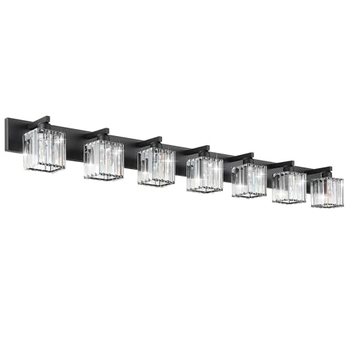 Aipsun Black Vanity Light Crystal Bathroom Lighting Fixtures Modern Bathroom Vanity Light 7 Light (Exclude Bulb) - color: Black, size: 58 inch