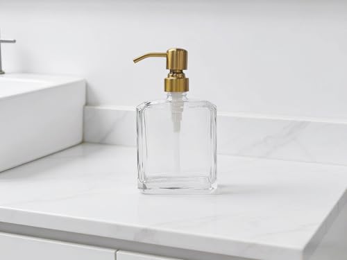 Clear Glass Soap Dispenser Rectangular, Brushed Gold Pump, 13.5 oz | Rust Proof Stainless Steel Pump, Refillable, Hand Soap, Liquild Soap, Dish Soap - color: Gold, size: 13.5oz-Square