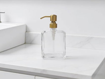 Square Clear Glass Dish Soap Dispenser Set 2 Pack, Brushed Gold Refillable Hand Soap Dispenser with Rust Proof Stainless Steel Pump 2 x 13.5 oz Lotion Dispenser for Bathroom Vanity Kitchen - color: Gold, size: 2X13.5oz-Square