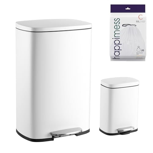 happimess Connor 2-Piece Stainless Steel Trash Can, Cotton White | 13.2 and 1.3 Gallons, Rectangular, Soft-Close Lid, Fingerprint Resistant, Step Pedal, 20 Liners, 26" and 12" Height - color: White